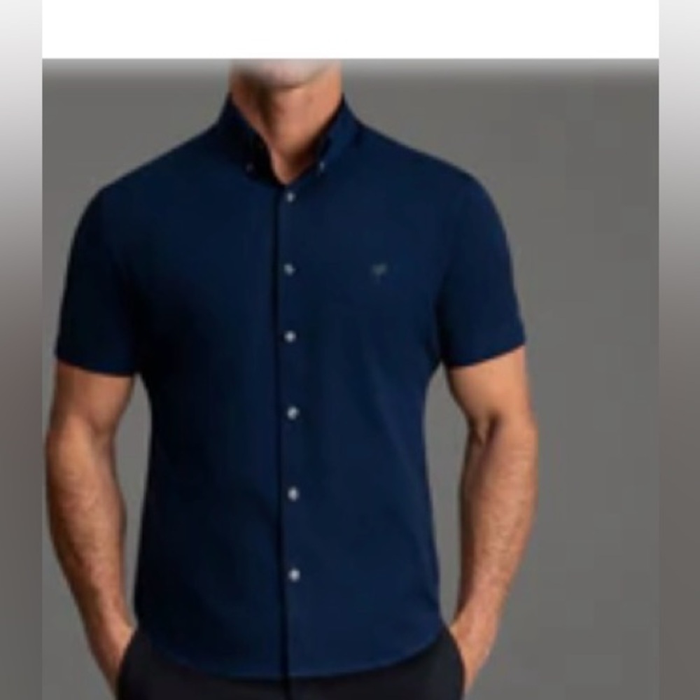 Sene Breeze Tech Short Sleeve Navy blue button stretch shirt NWT $149 retail M